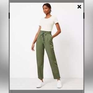Ann Taylor LOFT Pant Trouser Poplin Jogger Sage Green Paperbag Cotton Drawstring